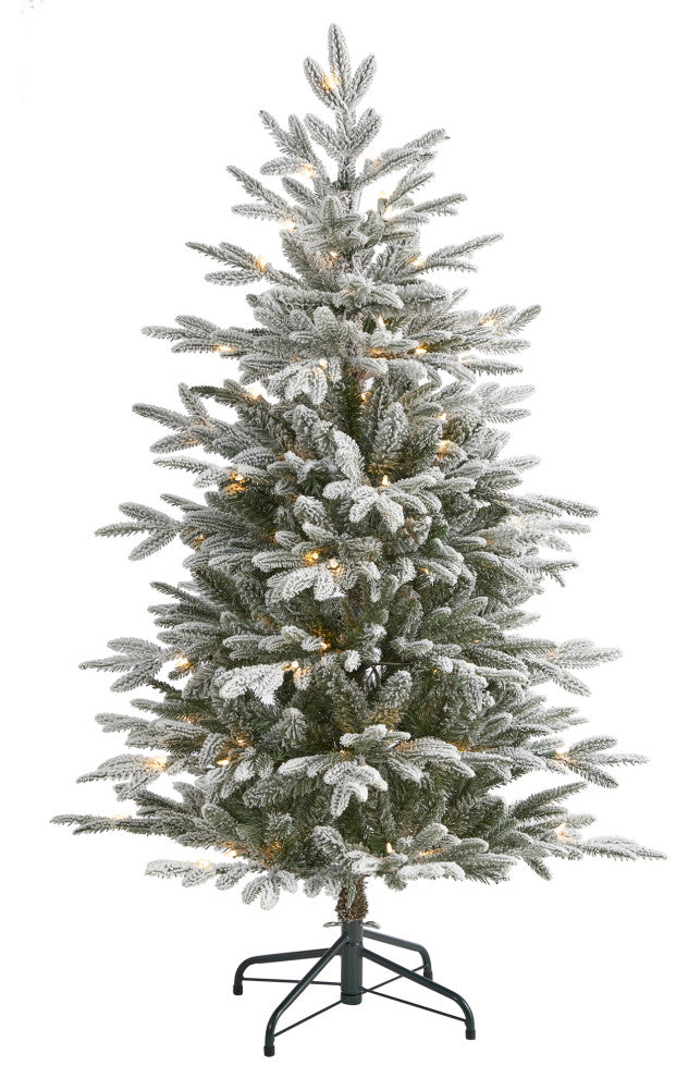 4.5' Flocked Manchester Spruce Faux Xmas Tree W/100 Lights & Bendable Branches