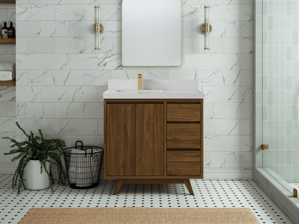 Madison Teak 36 Left Offset Bath Vanity in Dark Natural 2" Carrara Quartz