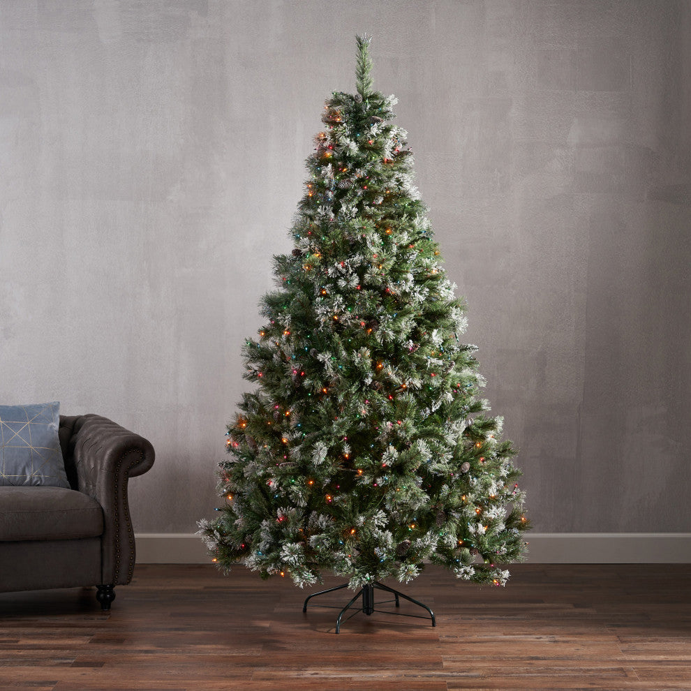 7' Mixed Spruce Hinged Artificial Christmas Tree, Pre-Lit Multi-Colored