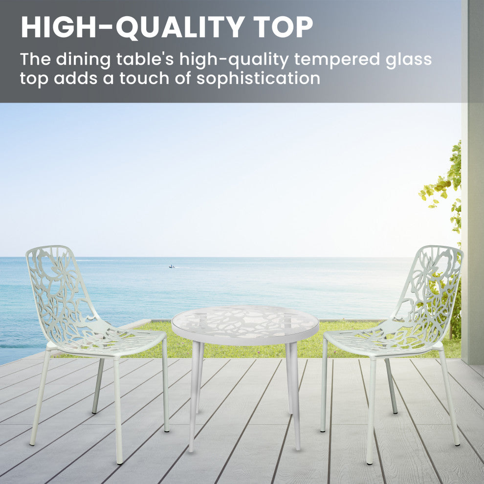 LeisureMod Devon Outdoor Dining Set with Glass Table and 2 Chairs, White