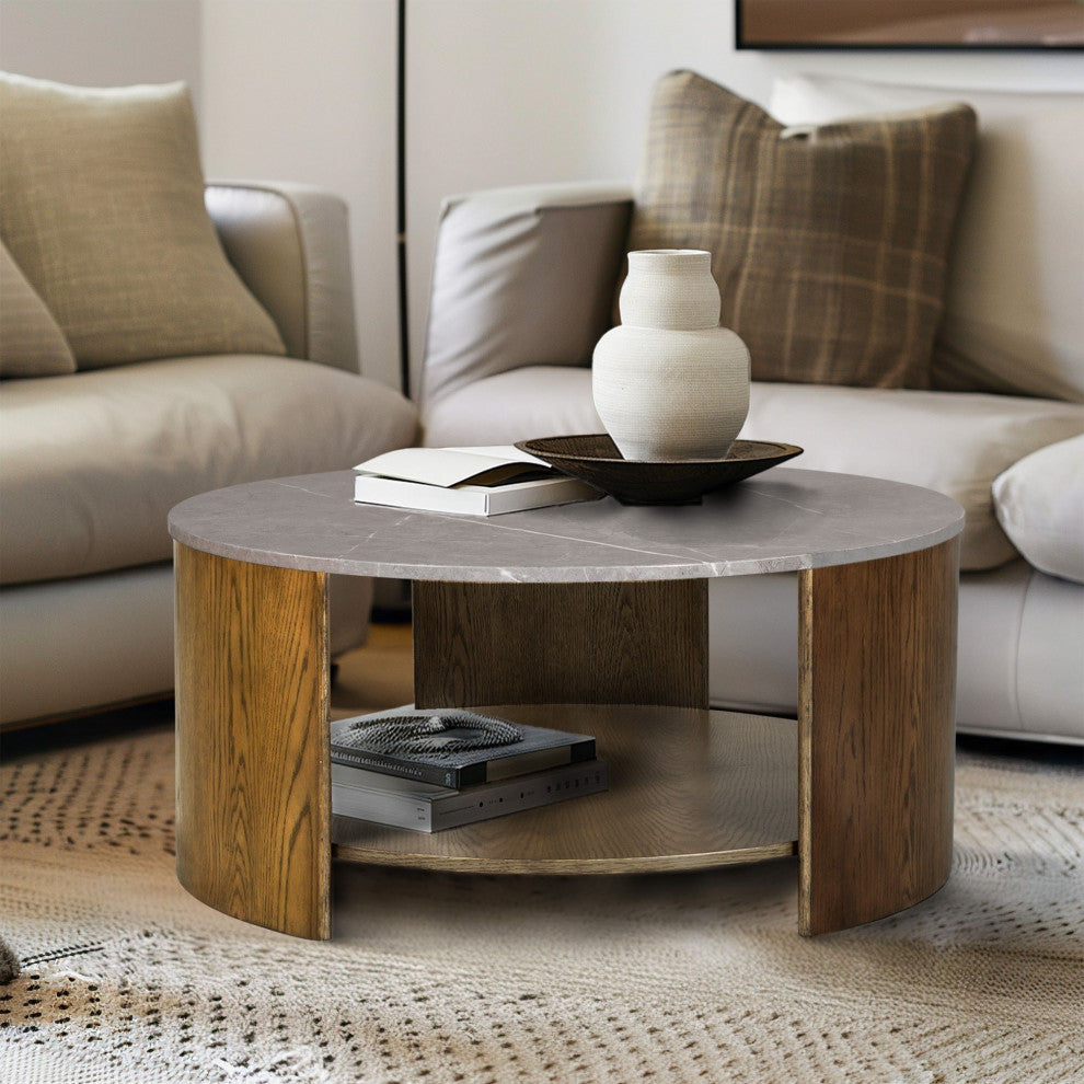INK+IVY Keegan Round Mixed Material Coffee Table With Shelf, Oak/Marble