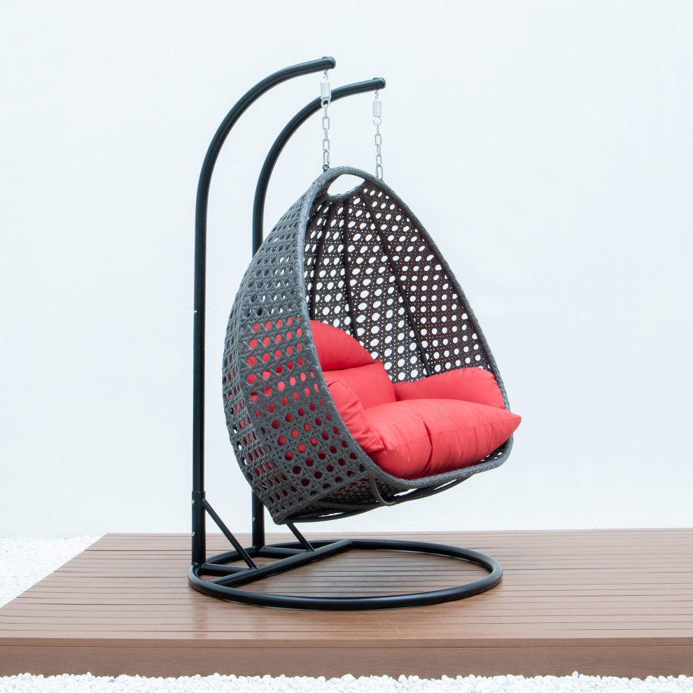 2 Person Charcoal Wicker Double Hanging Egg Swing Chair, Red
