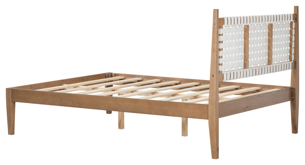 GDF Studio Queen Platform Bed With Woven White Leather Back & Natural Wood Frame