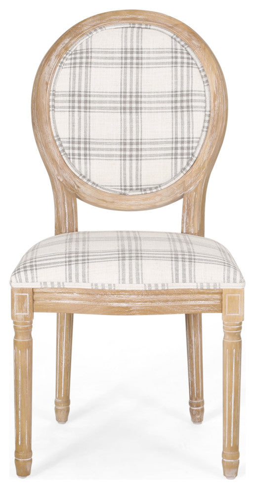 Dason French Country Fabric Upholstered Wood 7-Piece Dining Set, Gray Plaid/Natural
