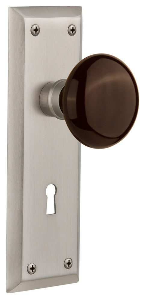 New York Plate Interior Mortise Brown Porcelain Door Knob, Satin Nickel