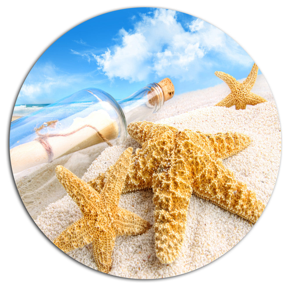 Message In Bottle Buried In Sand, Seashore Disc Metal Wall Art, 23"