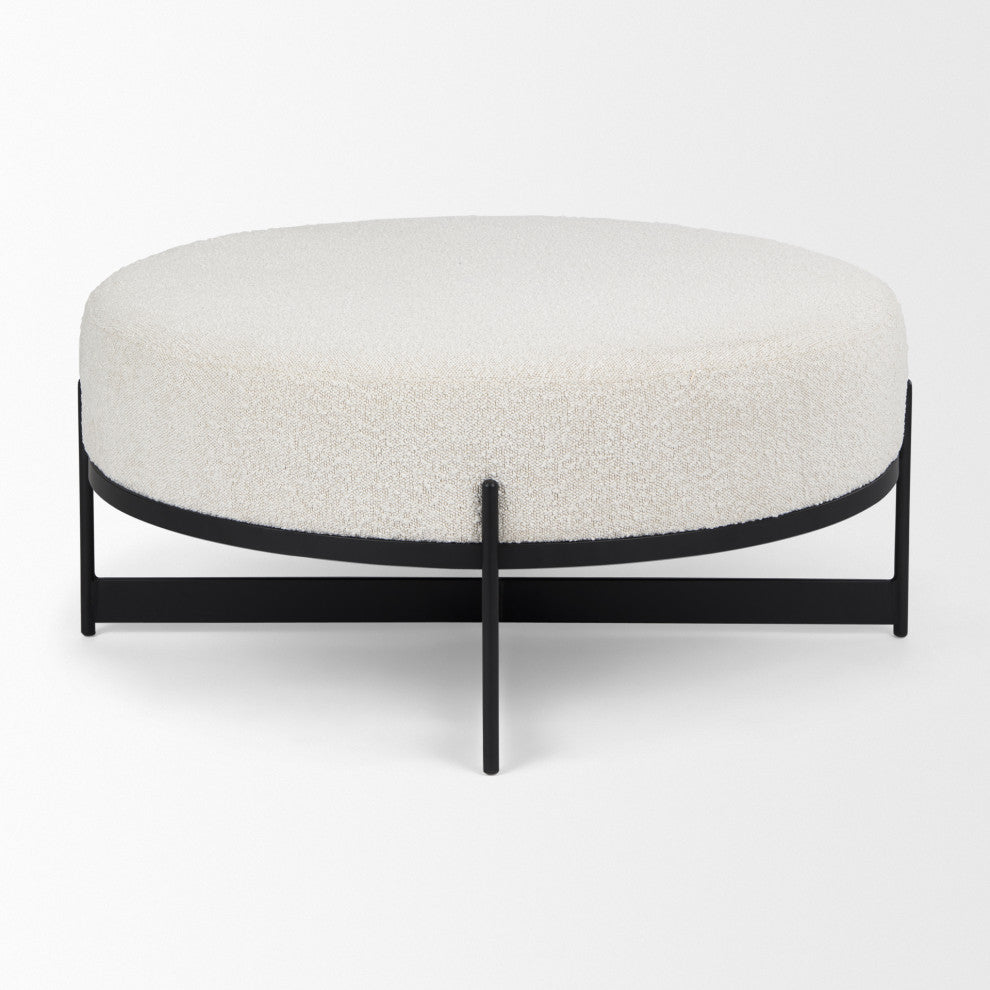 Amelia Cream Boucle With Black Metal Frame Round Ottoman