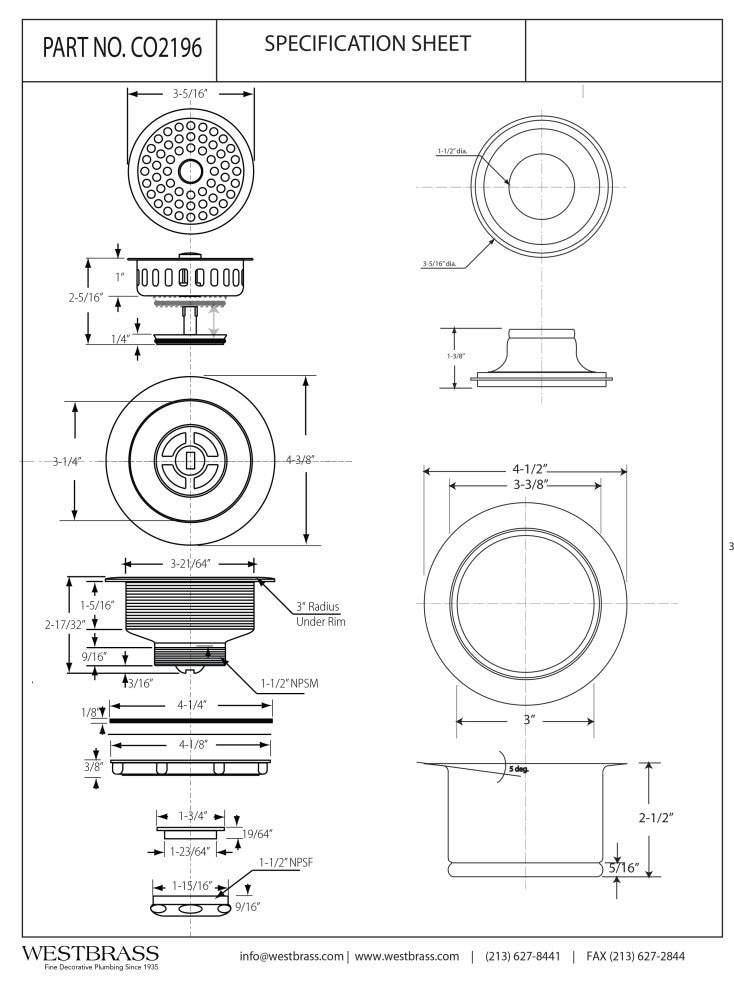 CO2196 3.5" Post Style Large Kitchen Sink Basket Strainer, Satin Nickel