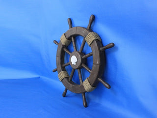 Rustic Wood Finish Decorative Ships Wheel With Seashell, 18"