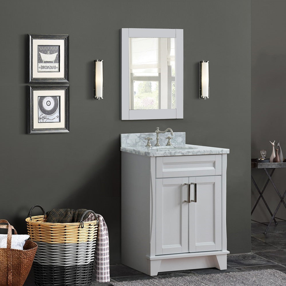 25" Single Sink Vanity, White Finish With White Carrara Marble And Oval Sink