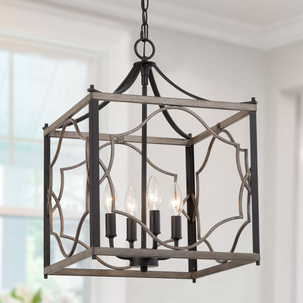 LNC Farmhouse 4-Light Sqaure Black Chandelier With Wood Accent