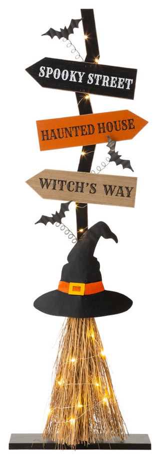 42"H Lighted Wooden Witch's Broom Porch Decor
