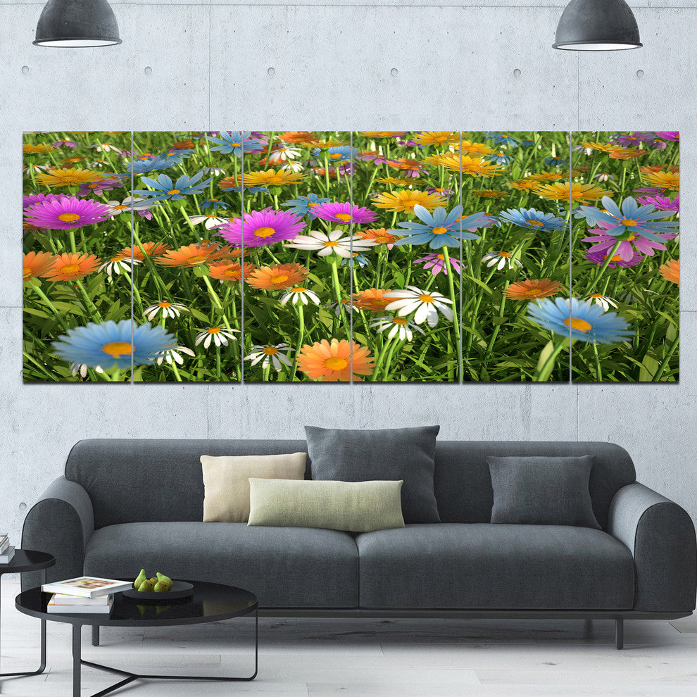 Different Color Flowers in Field, Floral Canvas Art Print, 70"x28", 6 Panels