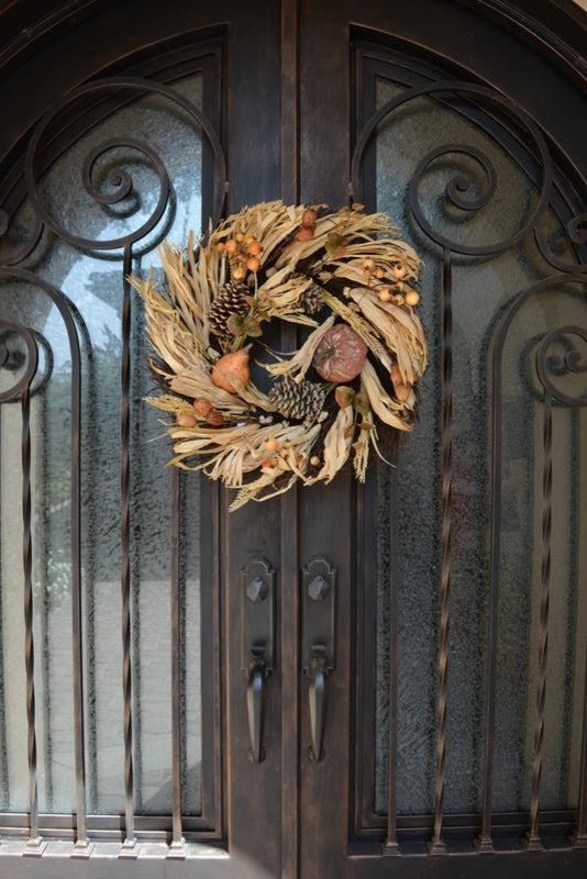 24" Artificial Pumpkin Wheat Berry with Corn Husk Wreath