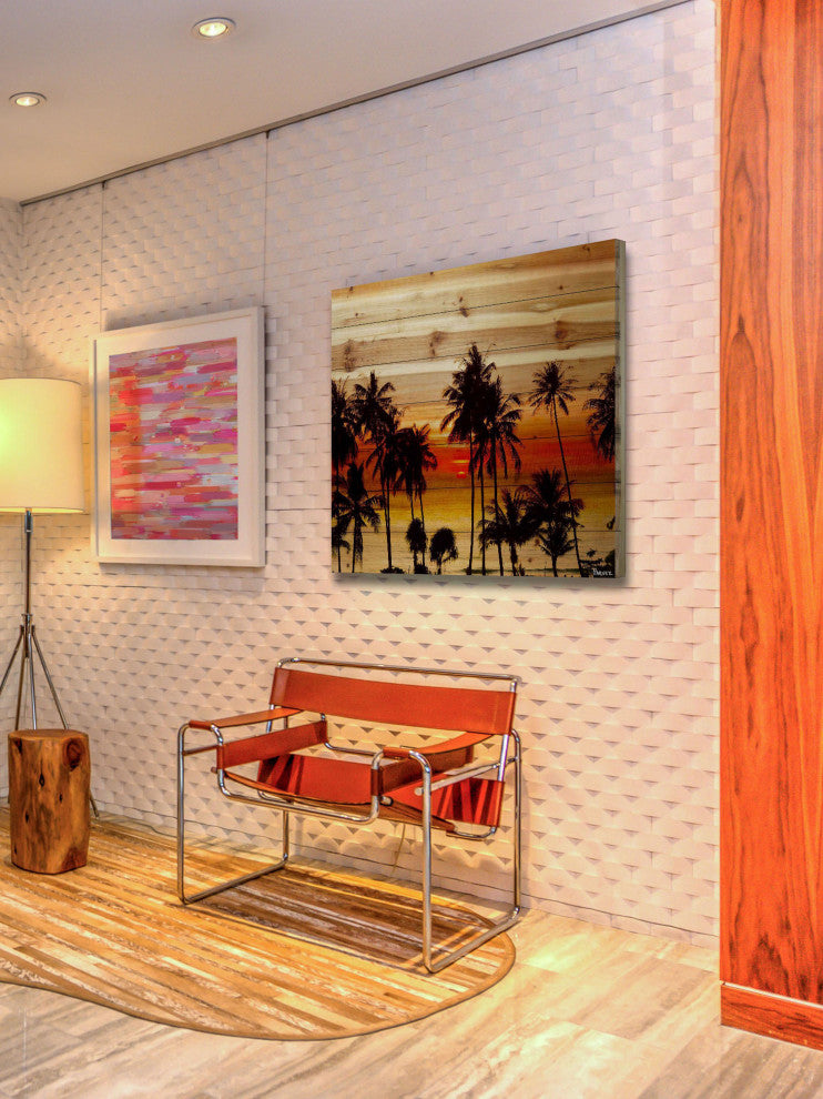 "Sunset Palms" Print on Natural Pine Wood, 24"x24"