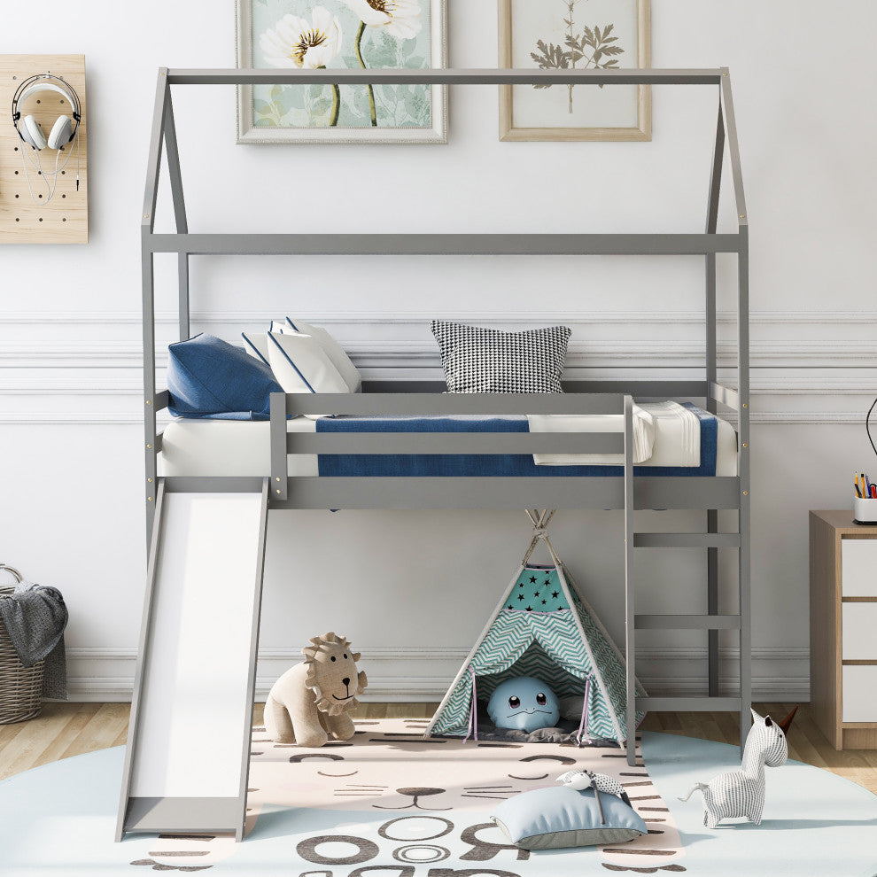 Gewnee Twin Loft Bed with Slide, House Bed with Ladder in Gray
