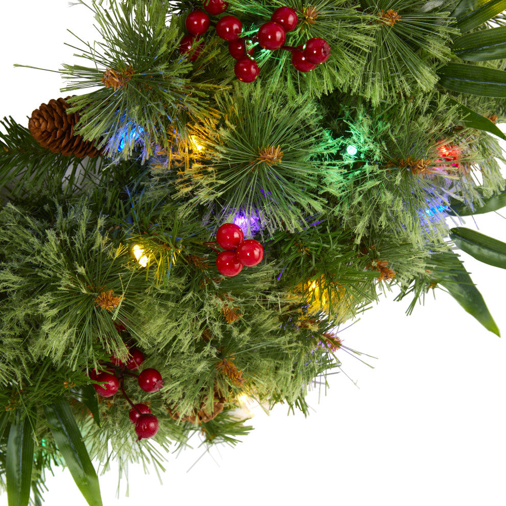 24" Mixed Pine Faux Christmas Wreath With 50 LED Lights, Berries and Pine Cones