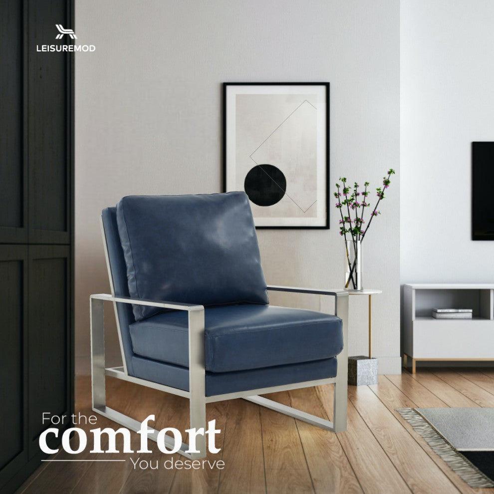 LeisureMod Jefferson Faux Leather Accent Armchair With Silver Frame, Navy Blue