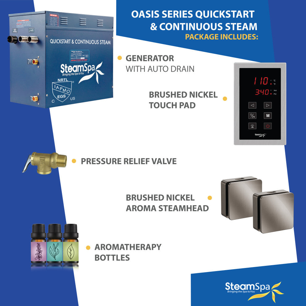 Oasis Series 10.5KW Steam Generator w/ Continuous Steam and Touch Pad in Nickel