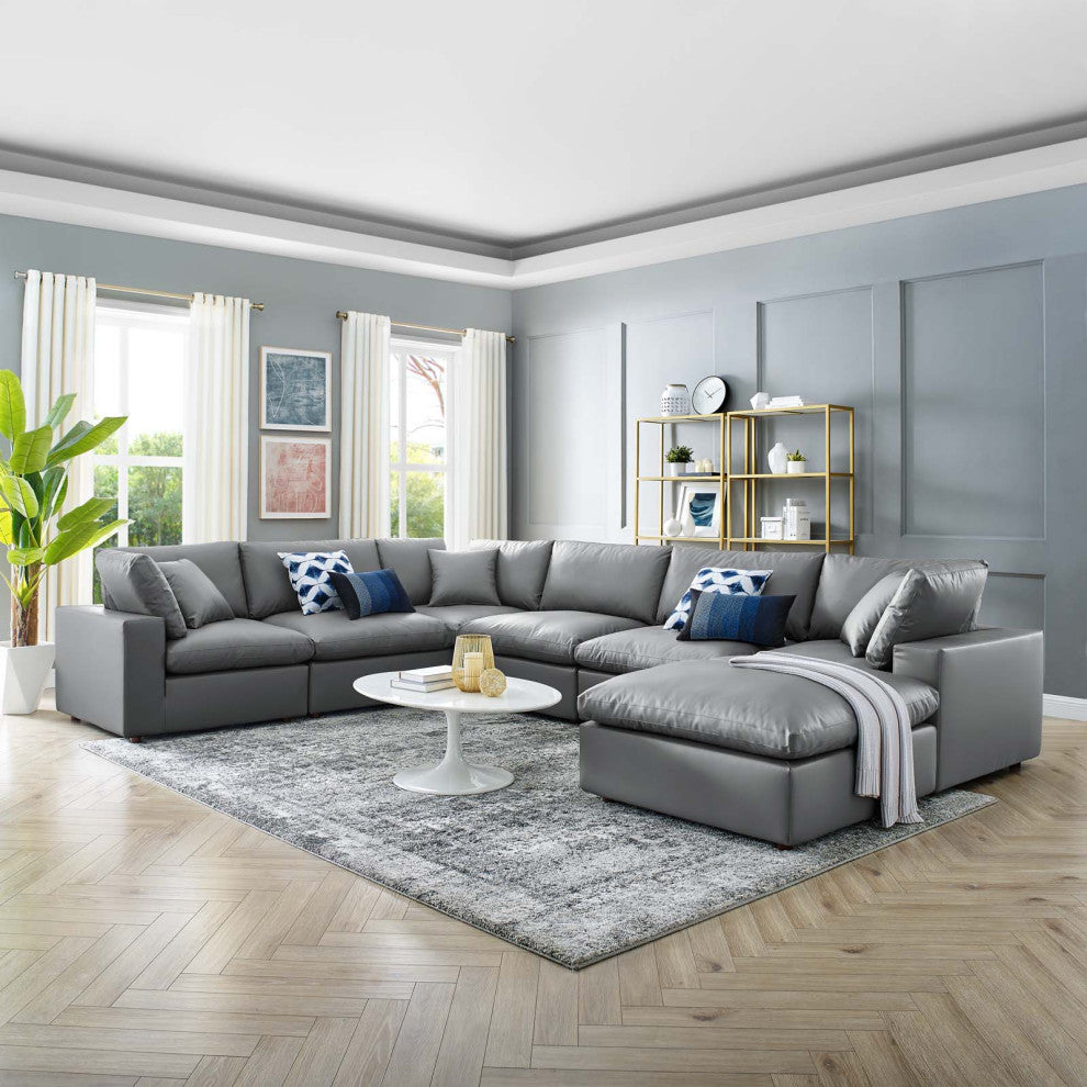 Commix Down Filled Overstuffed Vegan Leather 7-Piece Sectional Sofa - Gray