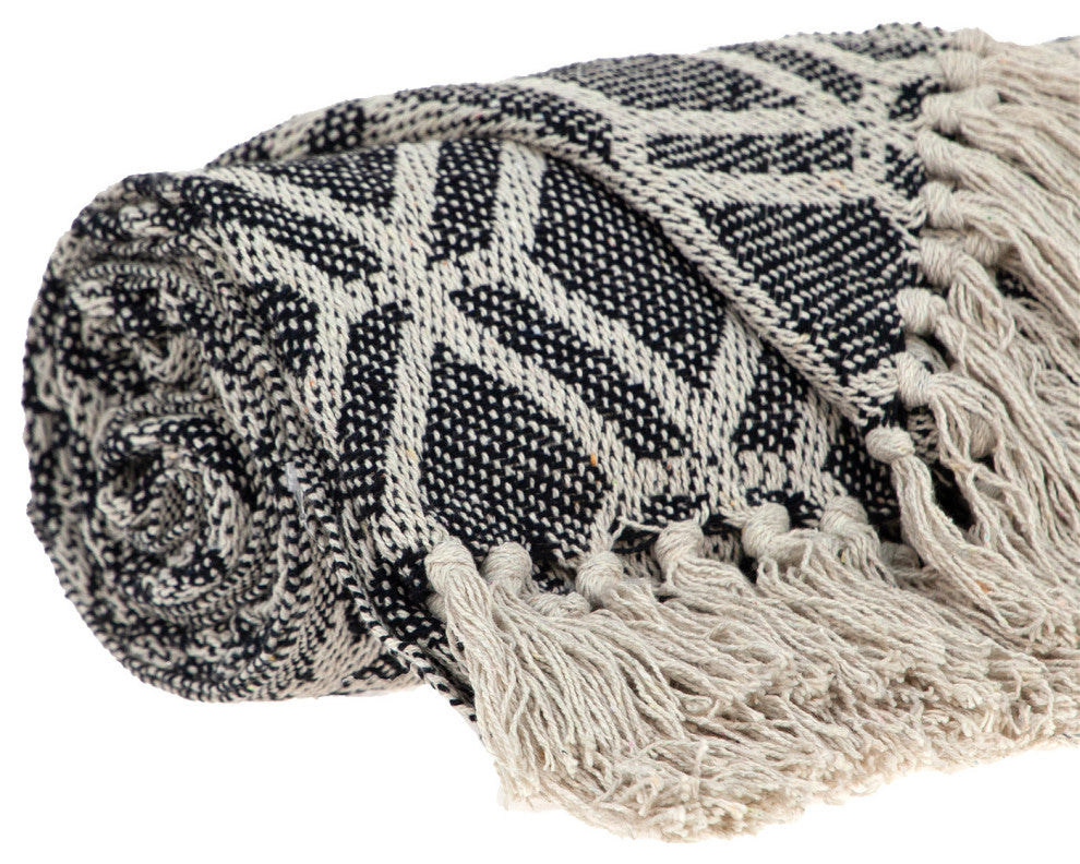Gray and Beige Handloom Geometric Woven Throw Blanket