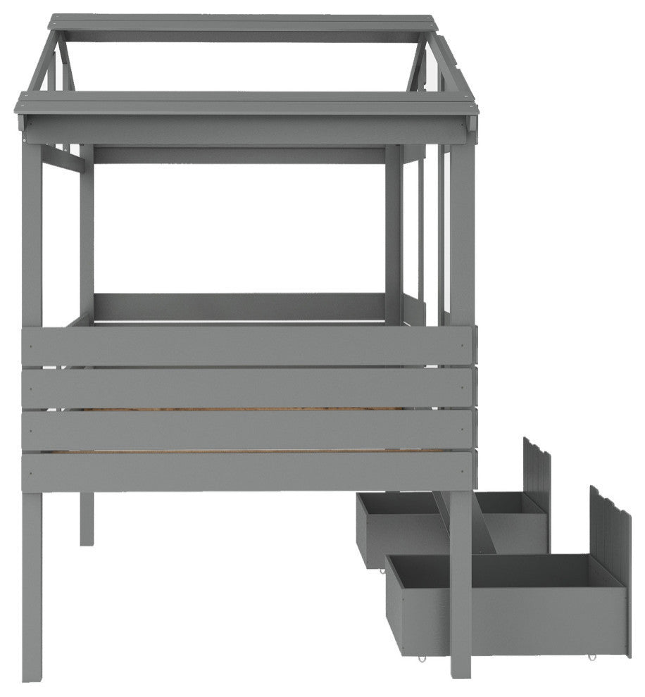 Twin Size Loft Bed With Two Drawers Windows And Roof Design Gray