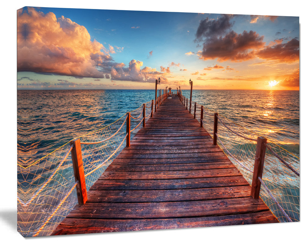 Sunset over Wooden Sea Pier, Modern Canvas Art Print, 60"x28"