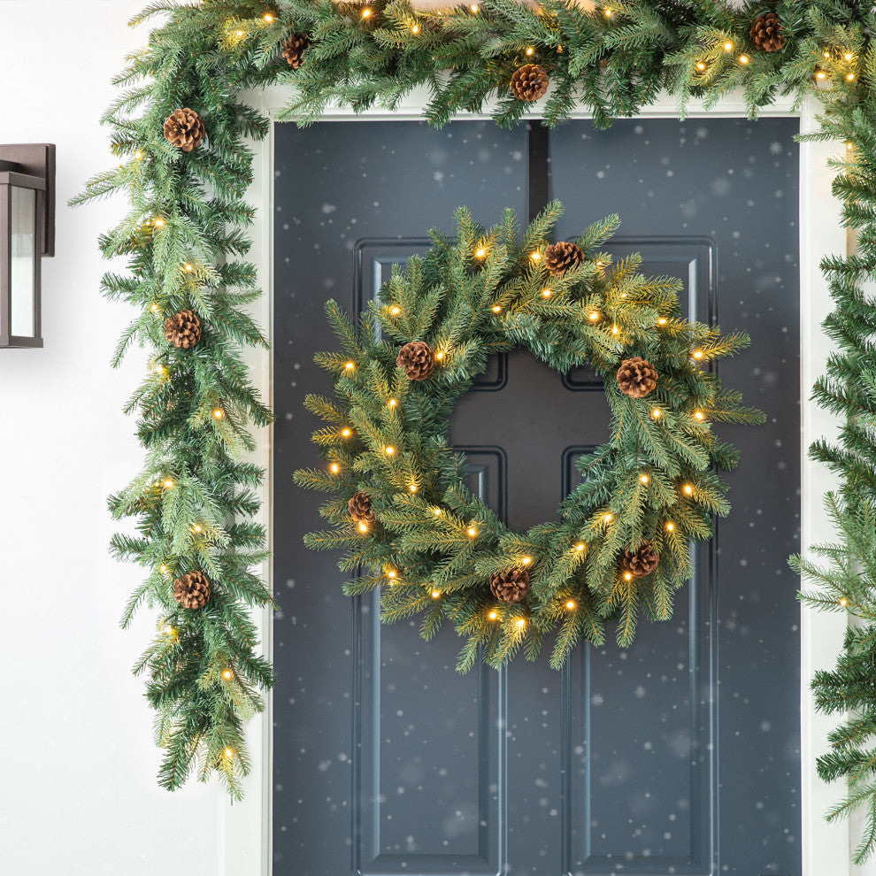 24"D Pre-Lit Greenery Pine Cone Christmas Wreath With Warm White LED Light