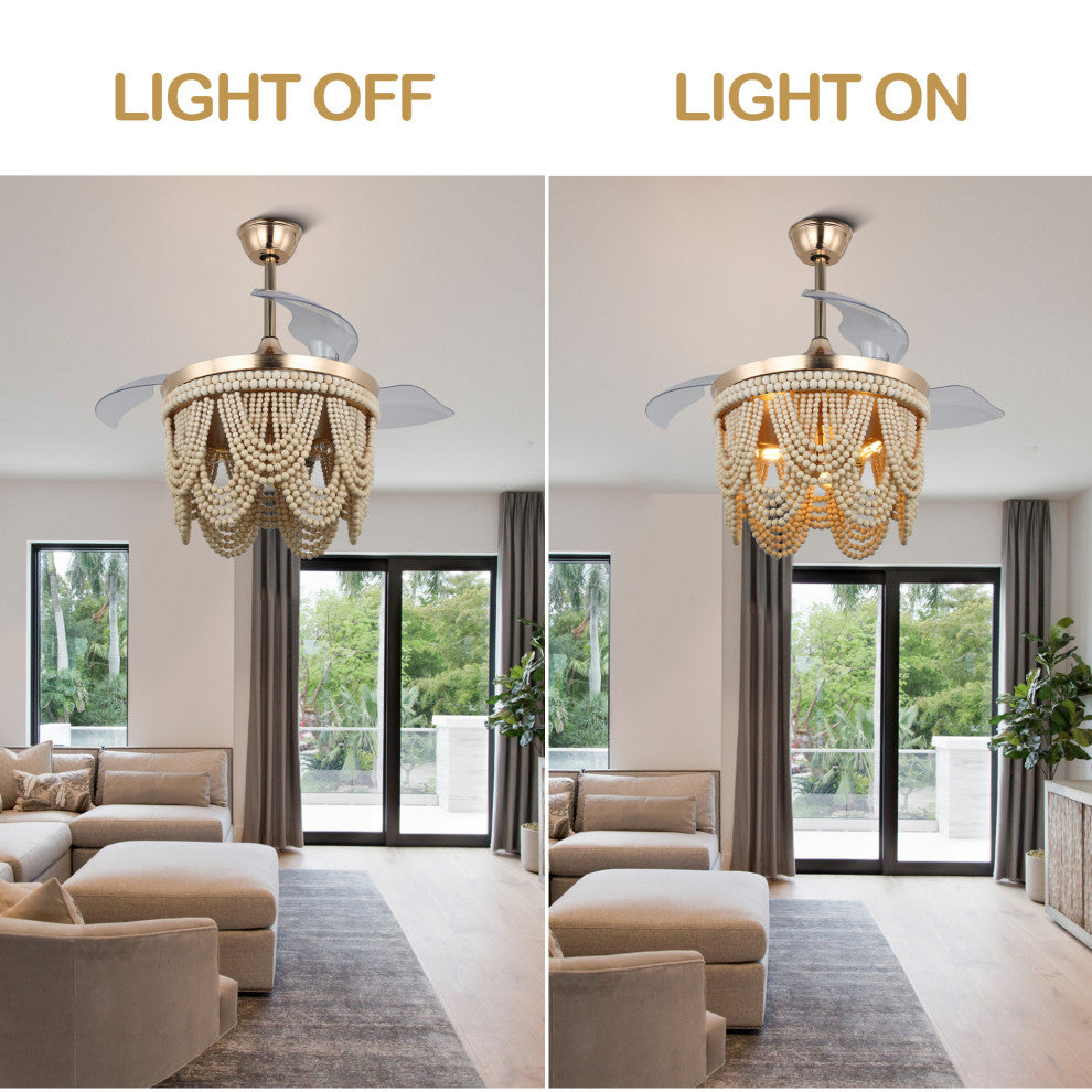 42" BoHo Ceiling Fanlight with Retractable Blades and Wooden Beads Accents, Gold