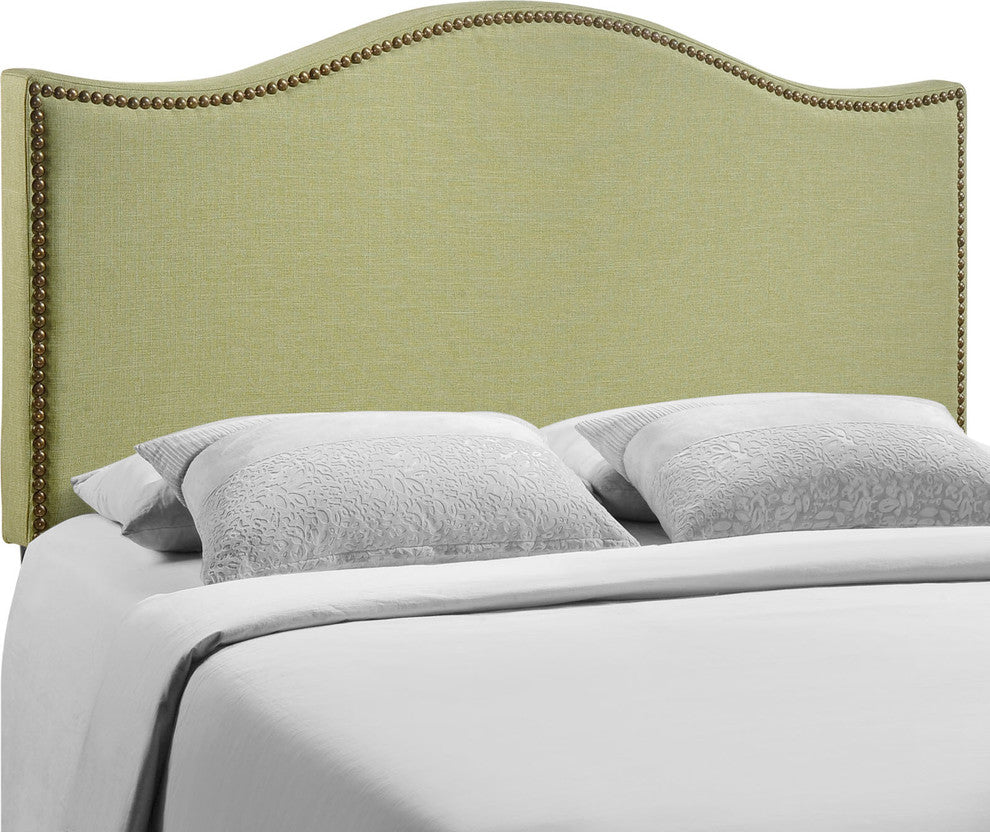 Modern Contemporary Queen Size Nailhead Upholstered Headboard, Green Fabric