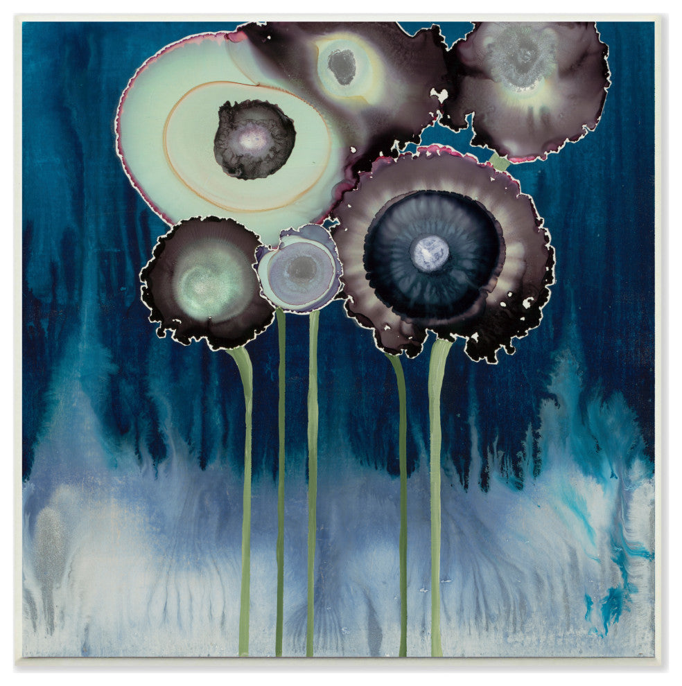 Drip Swirl Abstract Green Blue Painting, 12"x12", Wood Art
