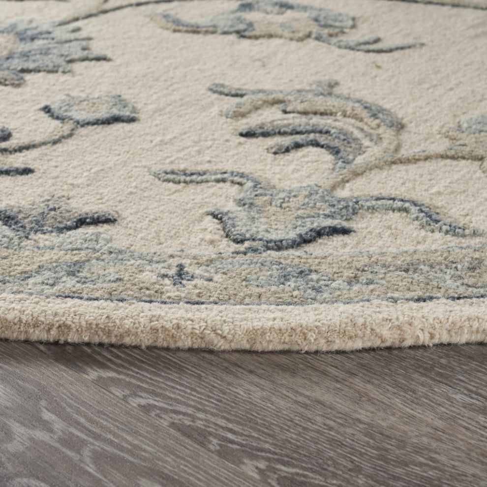 5" Round Beige and Blue Filigree Area Rug