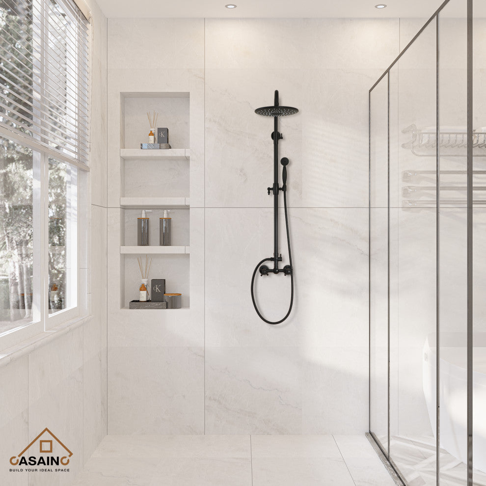 10inch Wall Mount Exposed Pipe Rainfall Shower System with Hand Shower, Matte Black