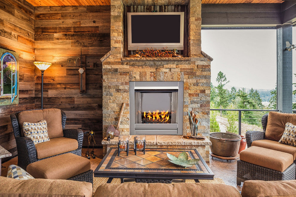 Vent-Free Stainless Outdoor Gas Fireplace Insert, Black Fire Glass Media