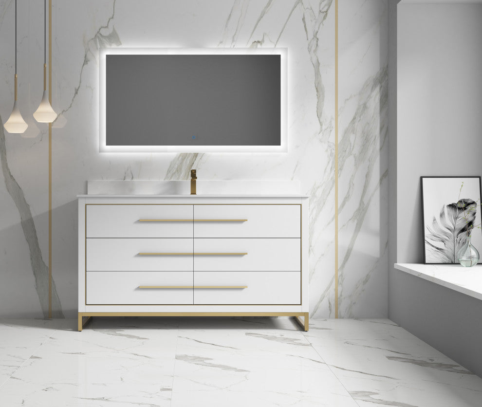 Alma Kathyia Freestanding Bath Vanity, Gold Hardware, 60" Single Sink