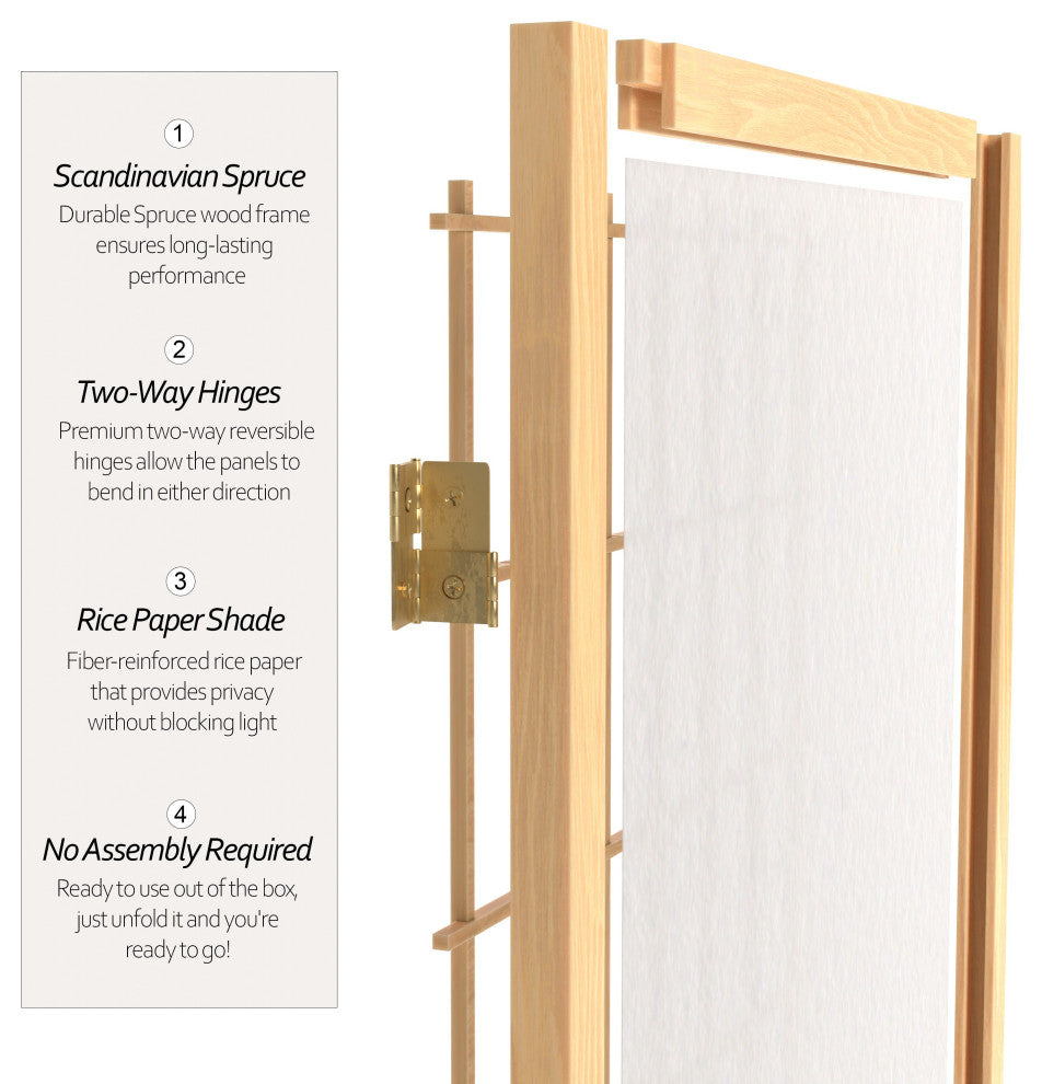 7' Tall Window Pane Shoji Screen, Natural, 4 Panels