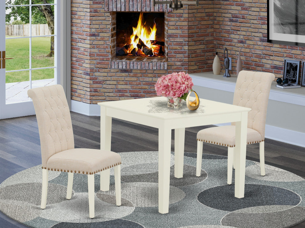 3Pc Dinette Set, Square Table, Two Chairs, Light Beige Fabric, Linen White