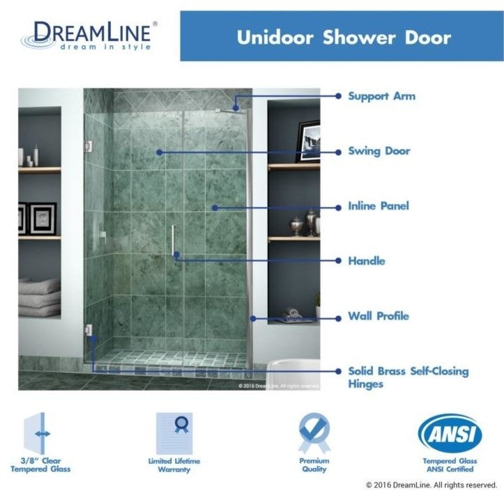 DreamLine Unidoor 41" to 42" Frameless Hinged Shower Door, Clear Glass, Chrome