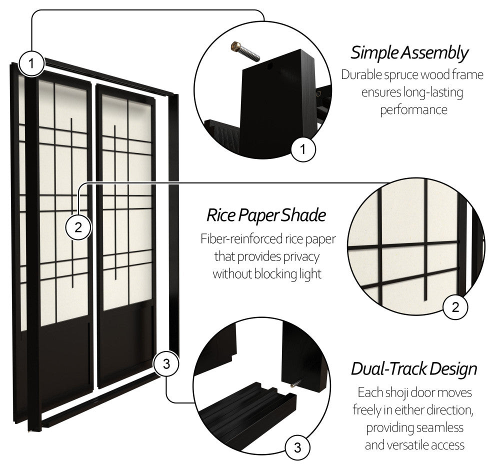 7' Tall Eudes Shoji Sliding Door Kit, Double, Sided, Black