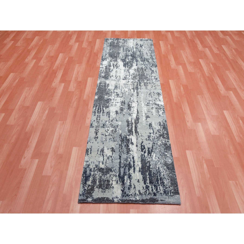 Gray Abstract Design, Wool and Silk, Hand Knotted Runner Rug, 2'6"x8'3"