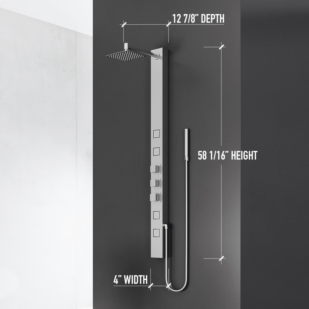 Sutton 58" H x 4" W 4-Jet Shower Panel with Square Shower Head, Stainless Steel