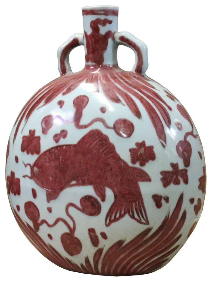 Chinese Oriental Pink Red White Base Fish Graphic Porcelain Vase Hws398