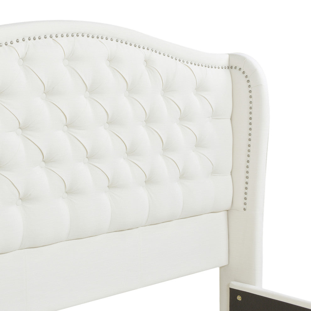 Marcella Upholstered Tufted Shelter Wingback Panel Bed, Antique White Polyester, Queen