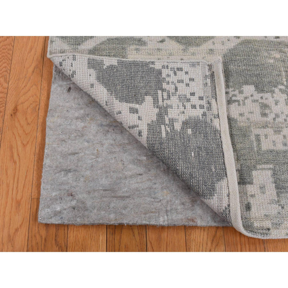 Gray Oushak Repetitive Botteh Design Pure Wool Hand Knotted Rug 5'10" x 9'