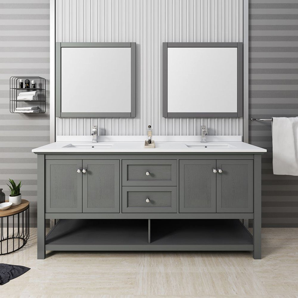 Manchester Regal 72" Gray Wood Veneer Double Sink Vanity Set, Faucet-Fft9161bn