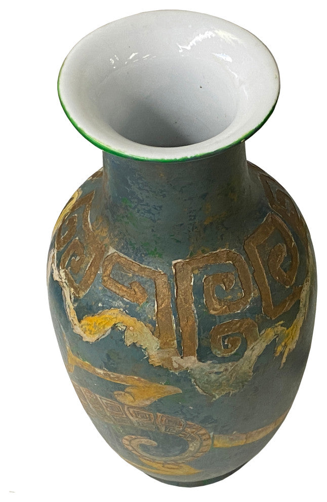 Chinese Distressed Blue Green Paint Porcelain Dragon Pattern Vase Hws2440