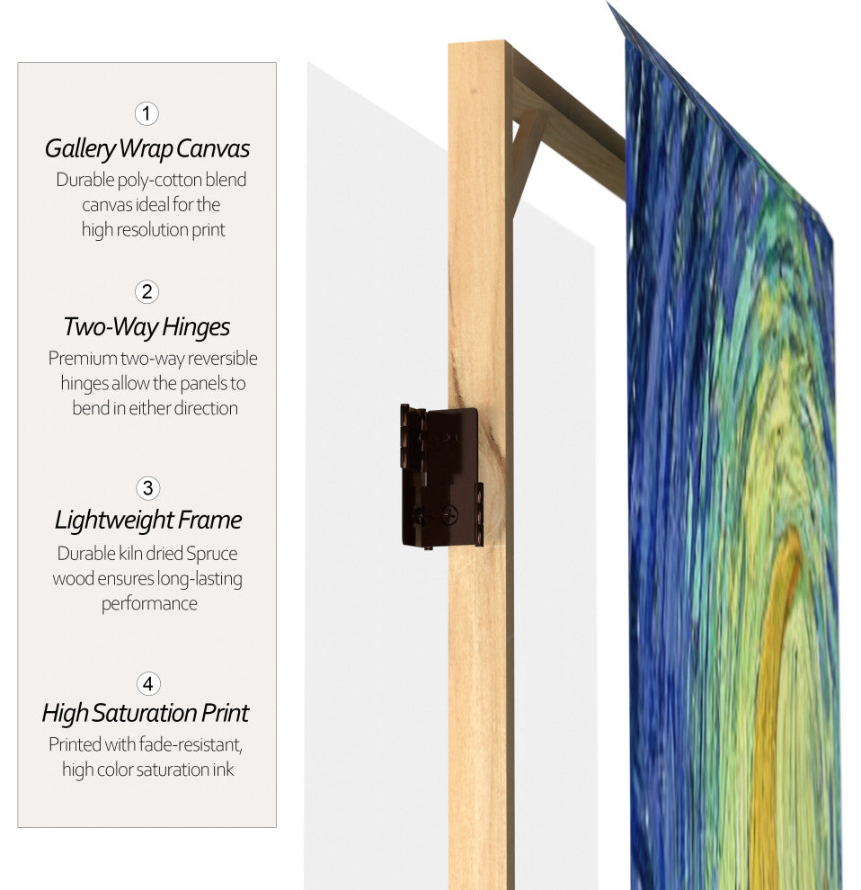 6' Tall Double Sided Works of Van Gogh Canvas Room Divider 4 Panel