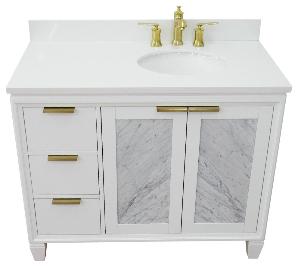 43" Single Vanity, White Finish With White Engineered Stone Top