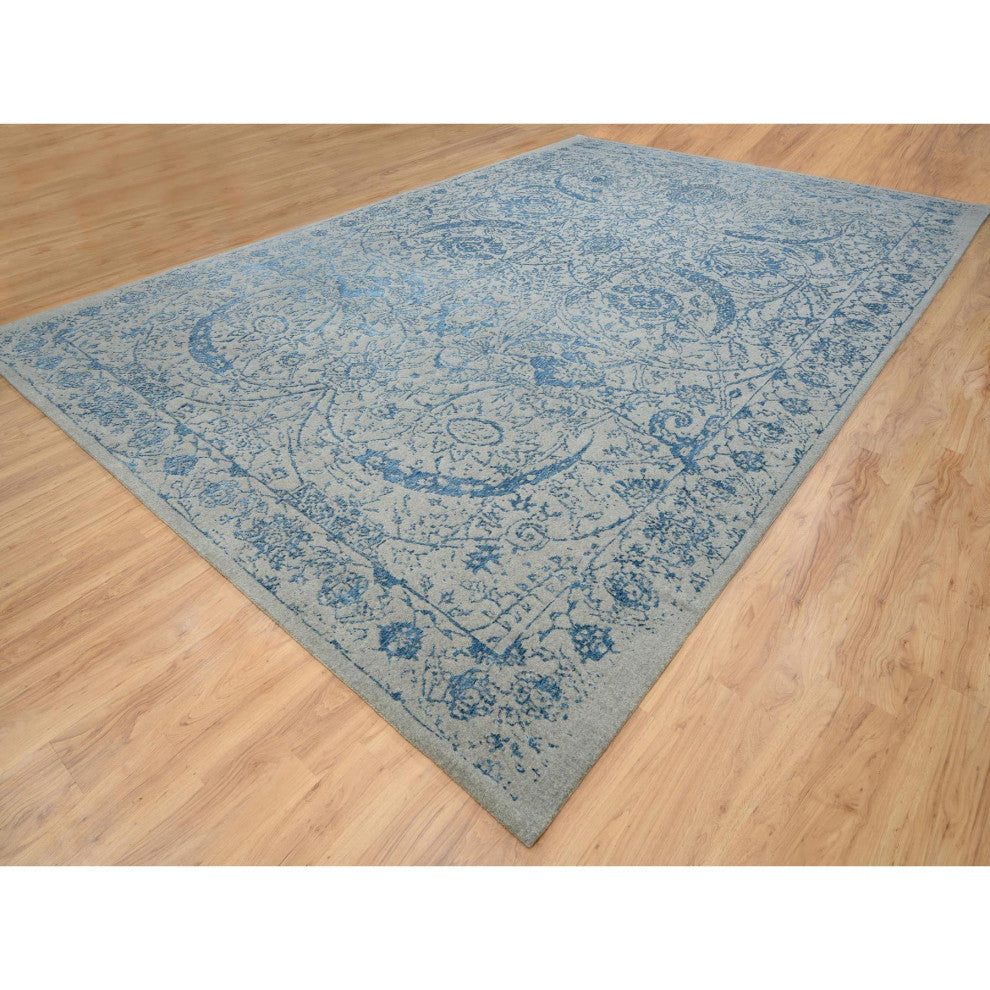 Gray, Fine Jacquard Hand Loomed, Wool and Silk, Oversized, Rug, 11'10" x 18'0"