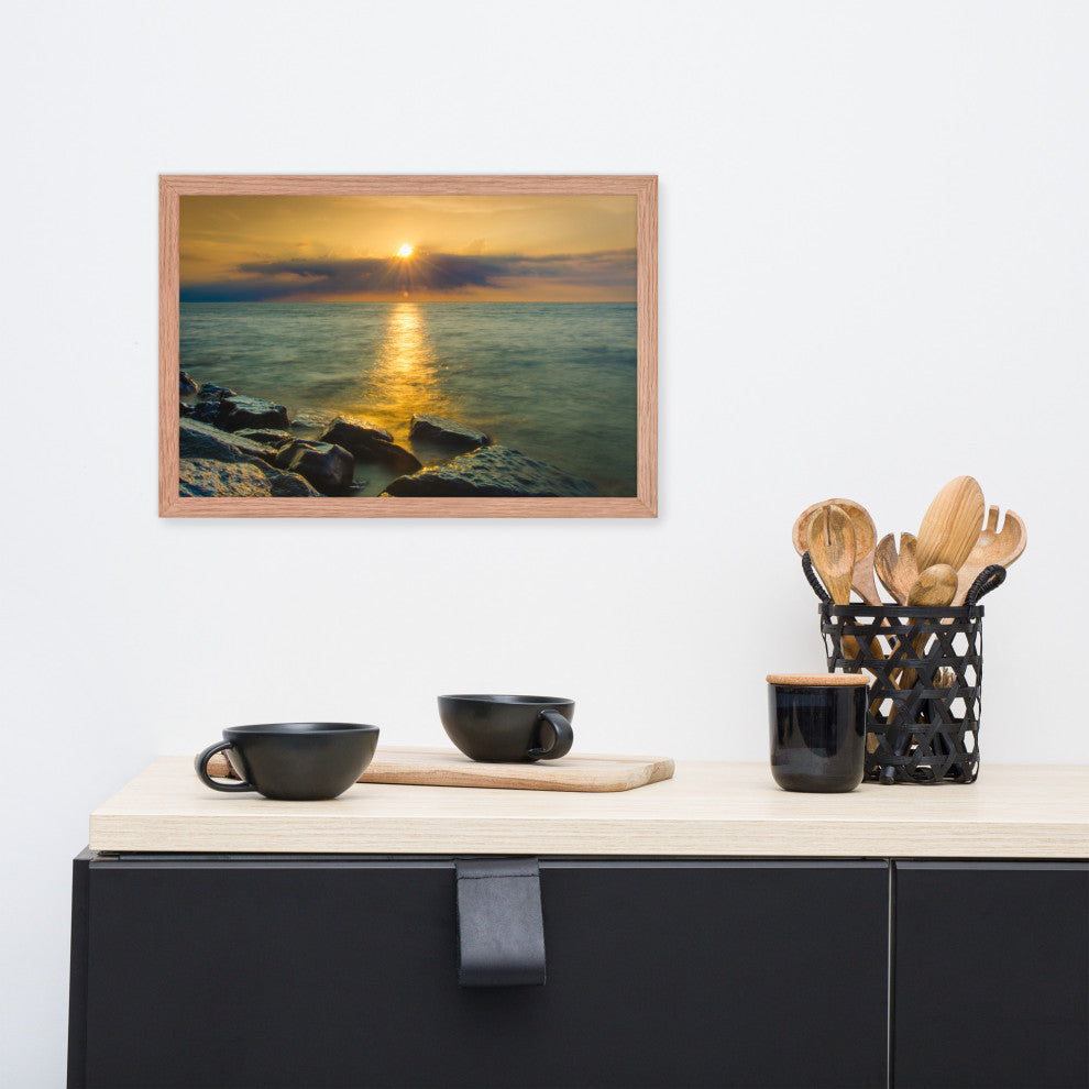 Sun Ray on the Water Coastal Landscape Framed Photo Paper Wall Art Print, Red Oak, 12" X 18"